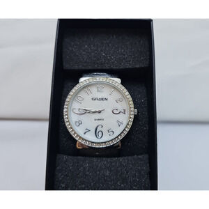 Gruen Womens Wrist Watch Gray Hard Bracelet Band Silver Trim White Face Quartz